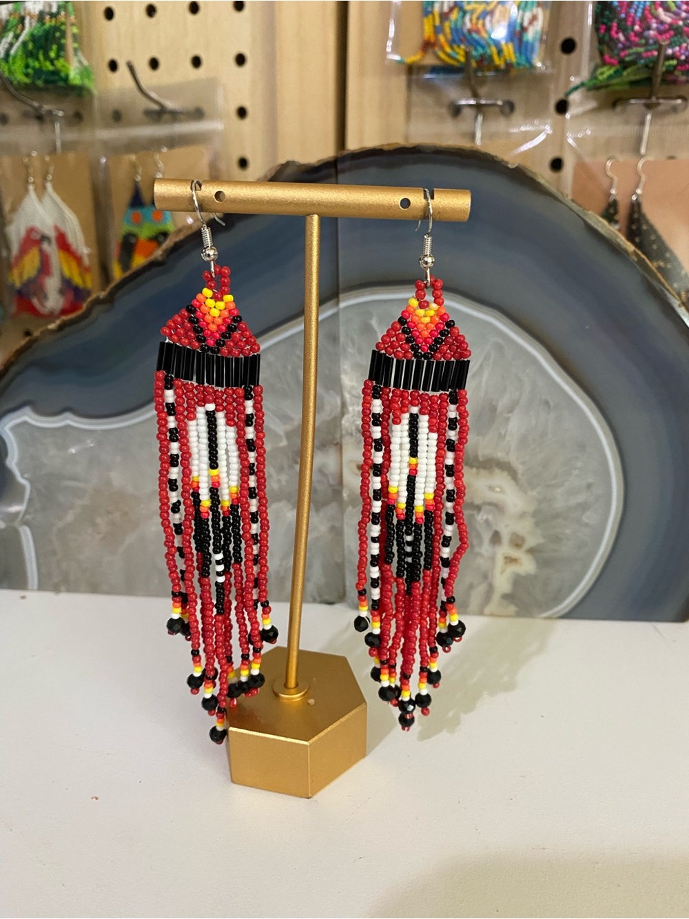 Red Beaded Fringe Earrings with Black and White Accents